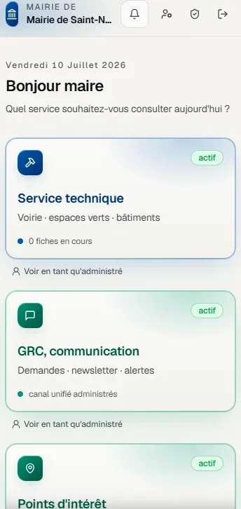 Vision Pro — espace agent, tableau de bord de la mairie (mobile)