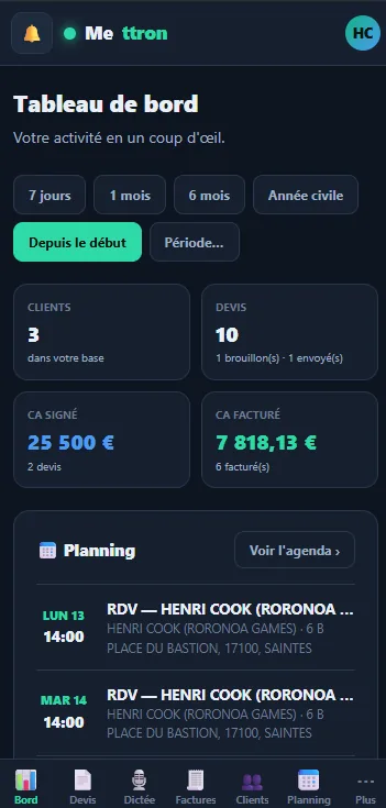 Mettron — tableau de bord (mobile)