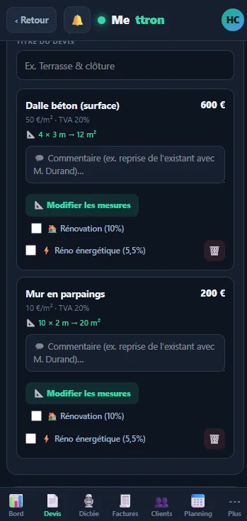 Mettron — devis calculé depuis les mesures (mobile)