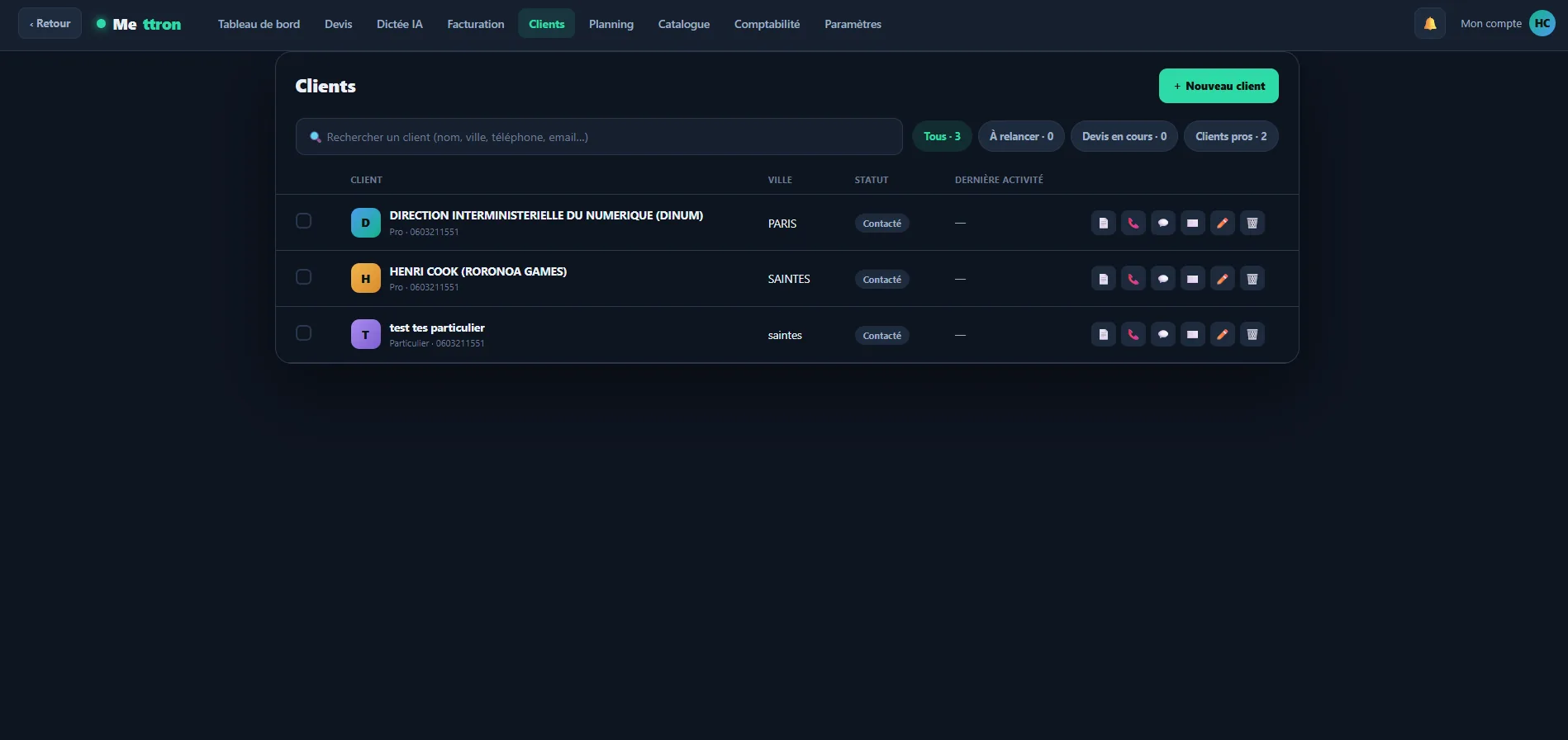 Mettron — base clients avec recherche, filtres et actions rapides