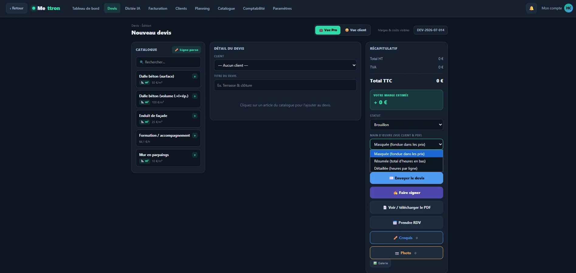 Mettron — édition d'un devis : catalogue, marge estimée, vue Pro / vue client