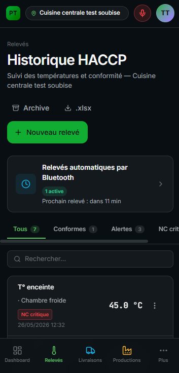 Historique des relevés de température HACCP sur mobile avec alerte de non-conformité