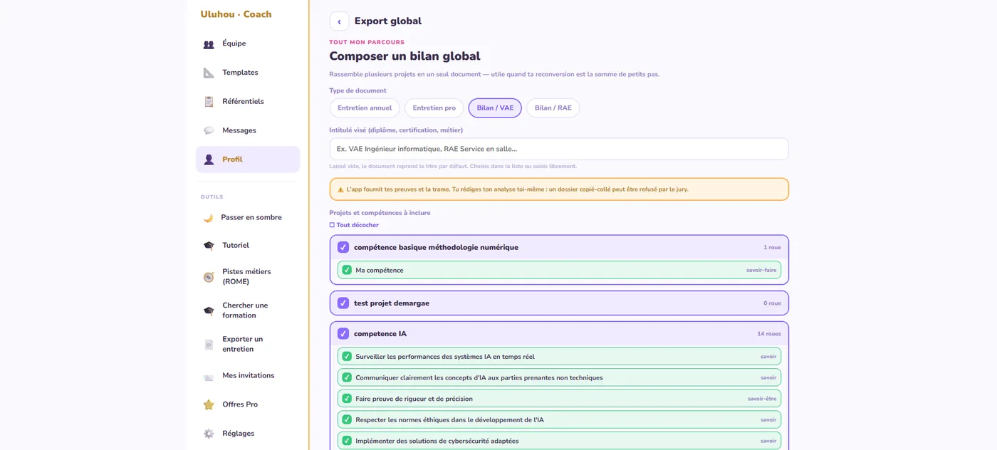 « Composer un bilan global » — export entretien, VAE ou RAE