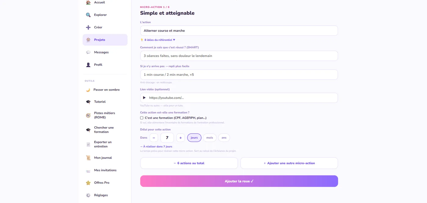 Une micro-action — critère de réussite, repli, délai, lien vidéo