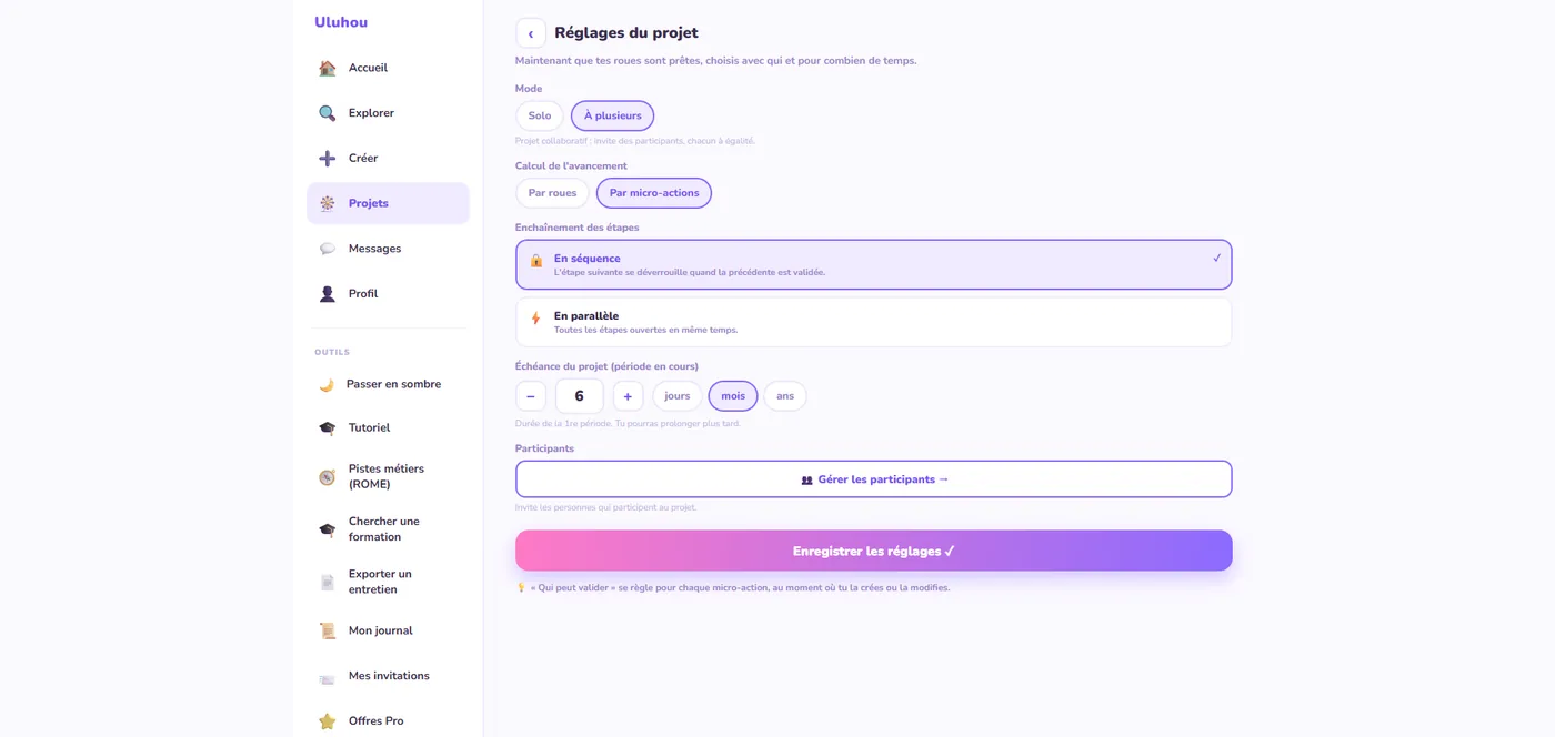Uluhou — réglages du projet : mode, avancement, échéance, participants