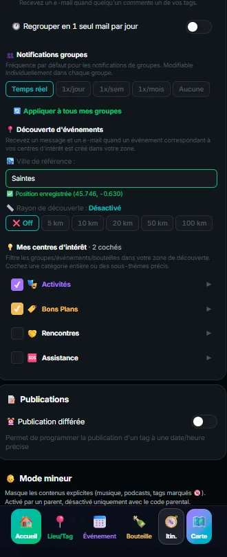 Les réglages sur mobile